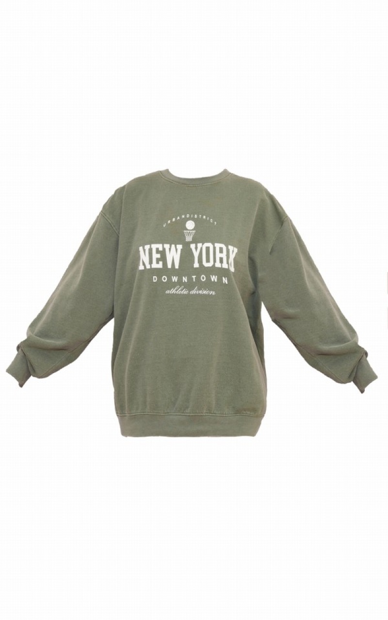 Khaki Pretty Little Thing New York Downtown Graphic Printed Sweatshirts | AEROYQP-30