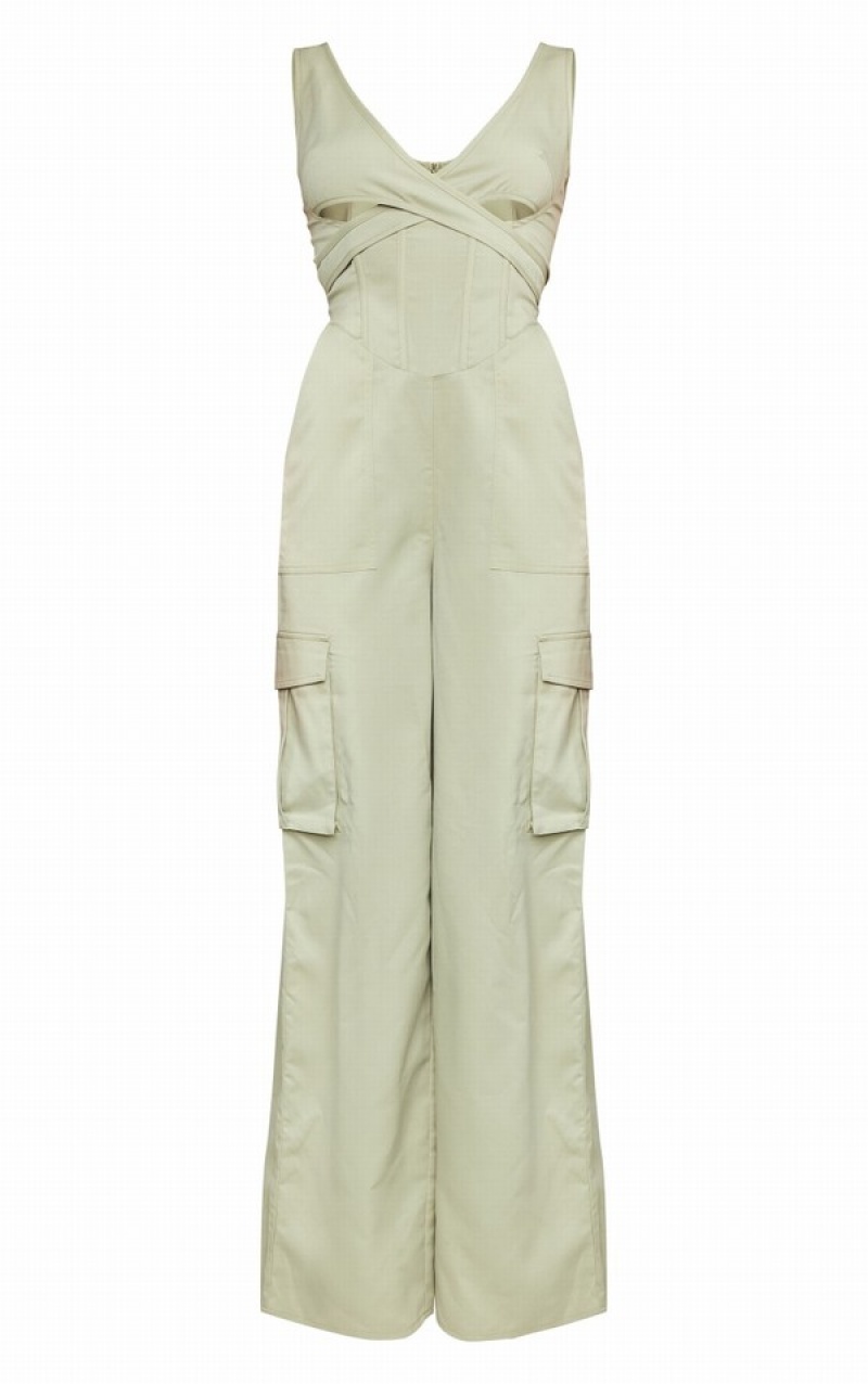 Khaki Pretty Little Thing Pale Cross Chest Corset Detail Lightweight Cargo Jumpsuits | CVFJOTM-82