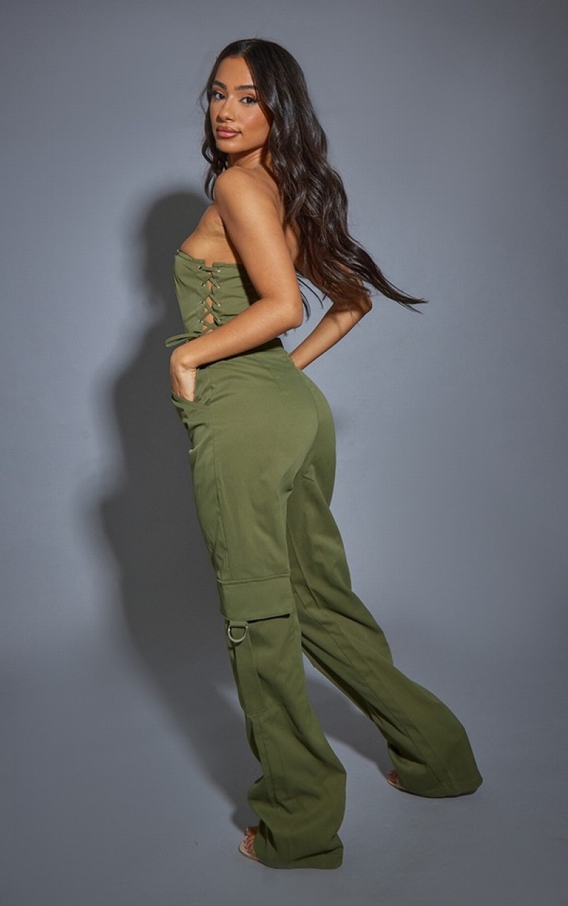 Khaki Pretty Little Thing Petite Lace Up Bandeau Cargo Pocket Detail Jumpsuits | OQJBUFZ-48