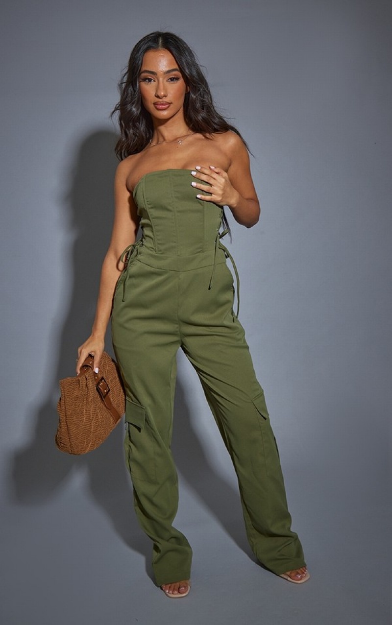 Khaki Pretty Little Thing Petite Lace Up Bandeau Cargo Pocket Detail Jumpsuits | OQJBUFZ-48