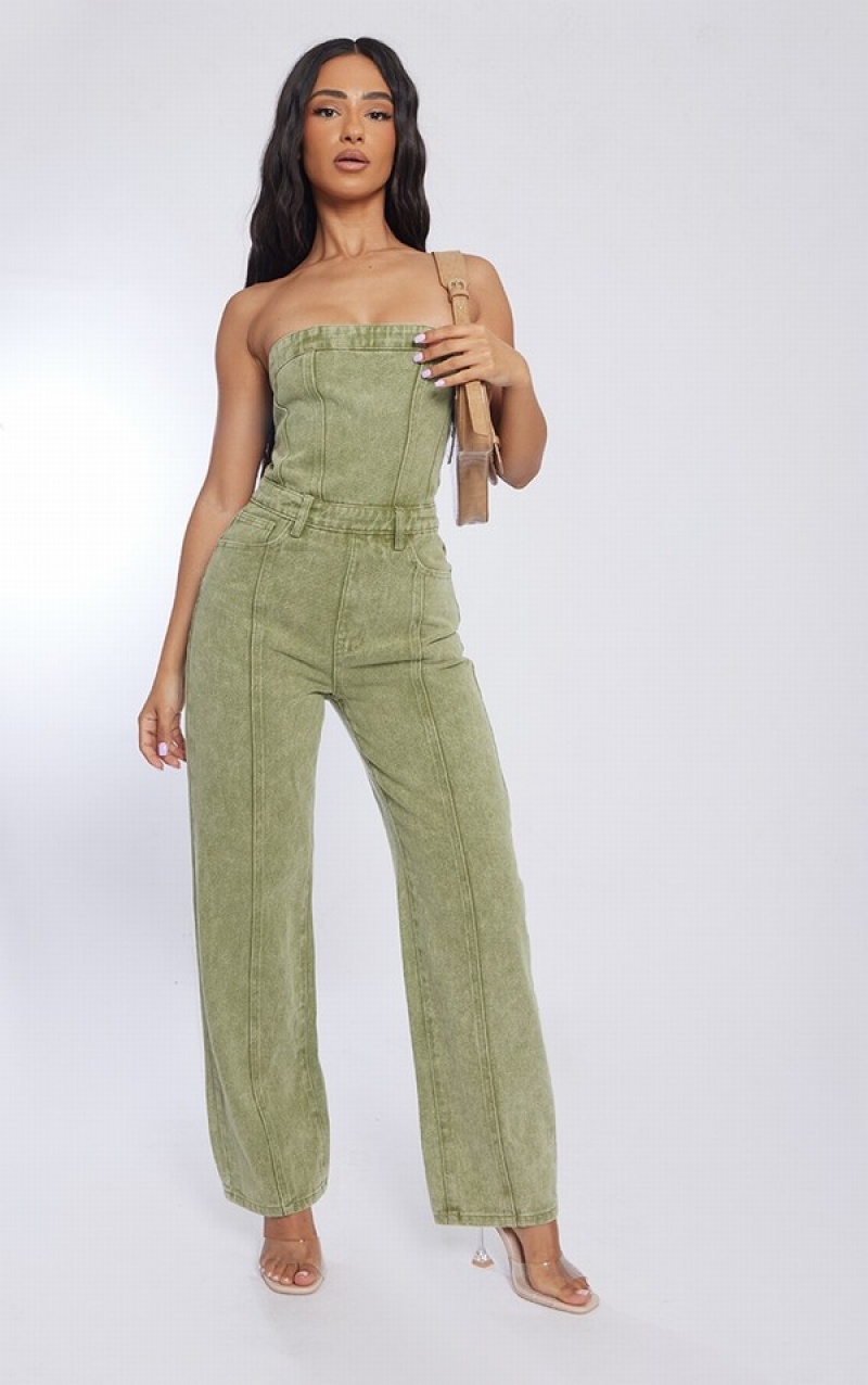 Khaki Pretty Little Thing Petite Washed Bandeau Jumpsuits | OKCMFRB-03