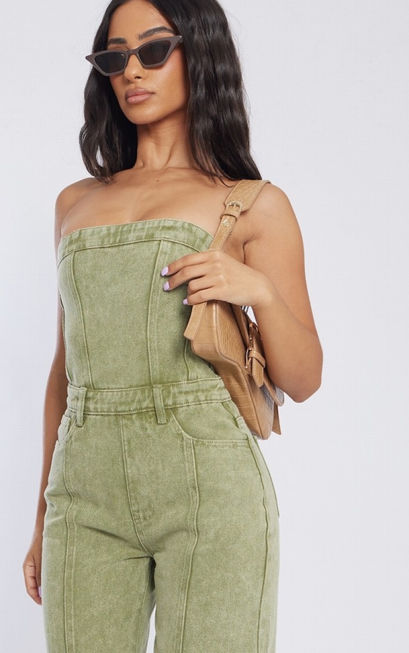 Khaki Pretty Little Thing Petite Washed Bandeau Jumpsuits | OKCMFRB-03