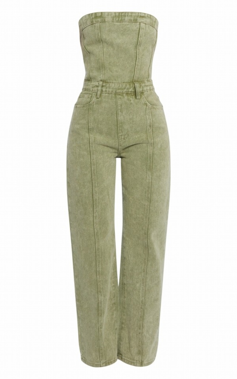 Khaki Pretty Little Thing Petite Washed Bandeau Jumpsuits | OKCMFRB-03