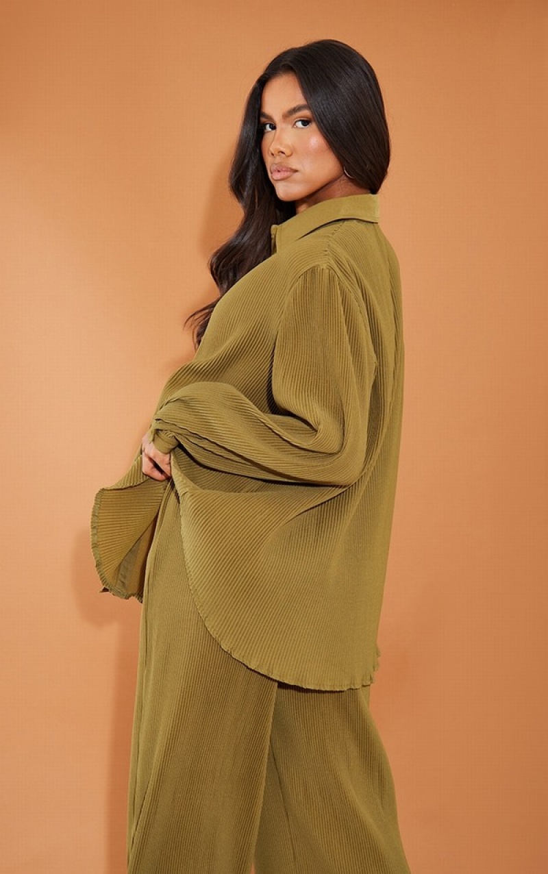 Khaki Pretty Little Thing Plisse Button Front Oversized Shirts | IYCDGJU-02