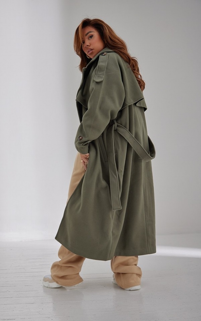 Khaki Pretty Little Thing Plus Oversized Double Breasted Military Trim Coats | SPBHMCX-62