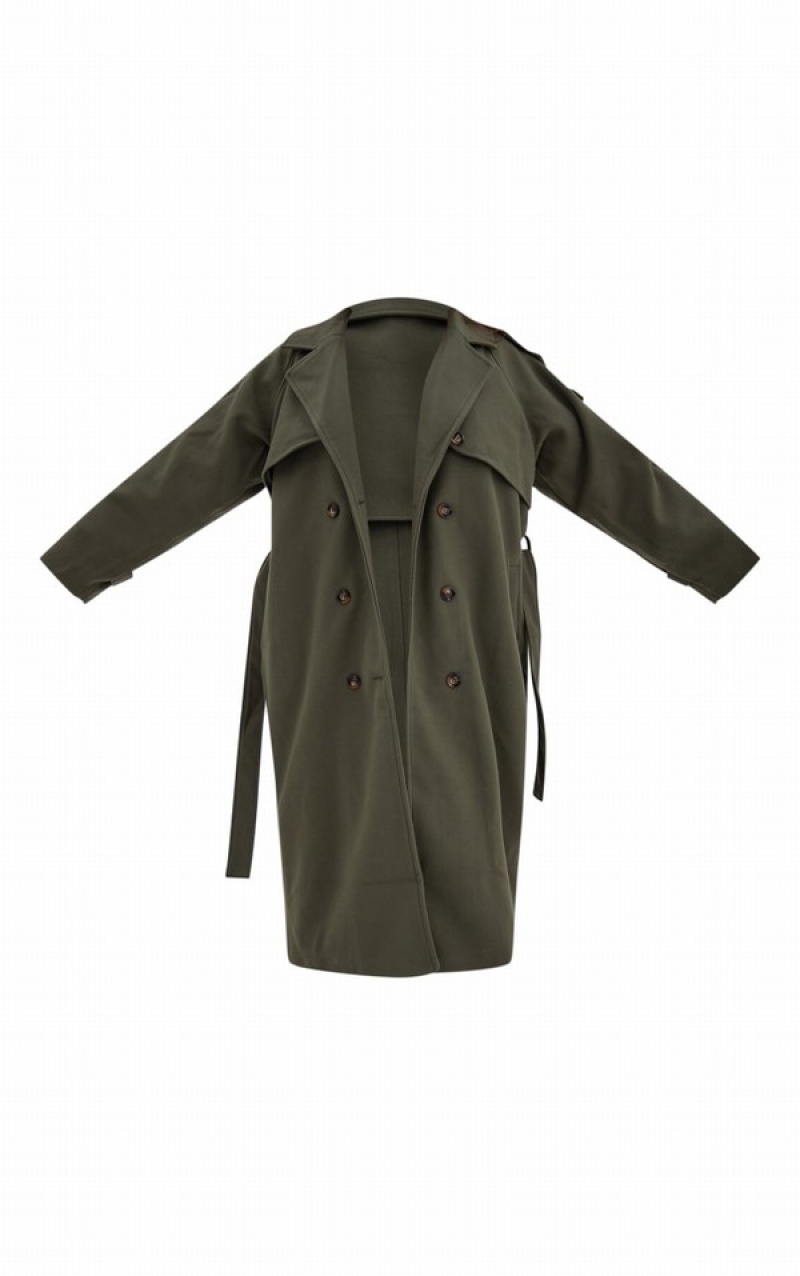 Khaki Pretty Little Thing Plus Oversized Double Breasted Military Trim Coats | SPBHMCX-62