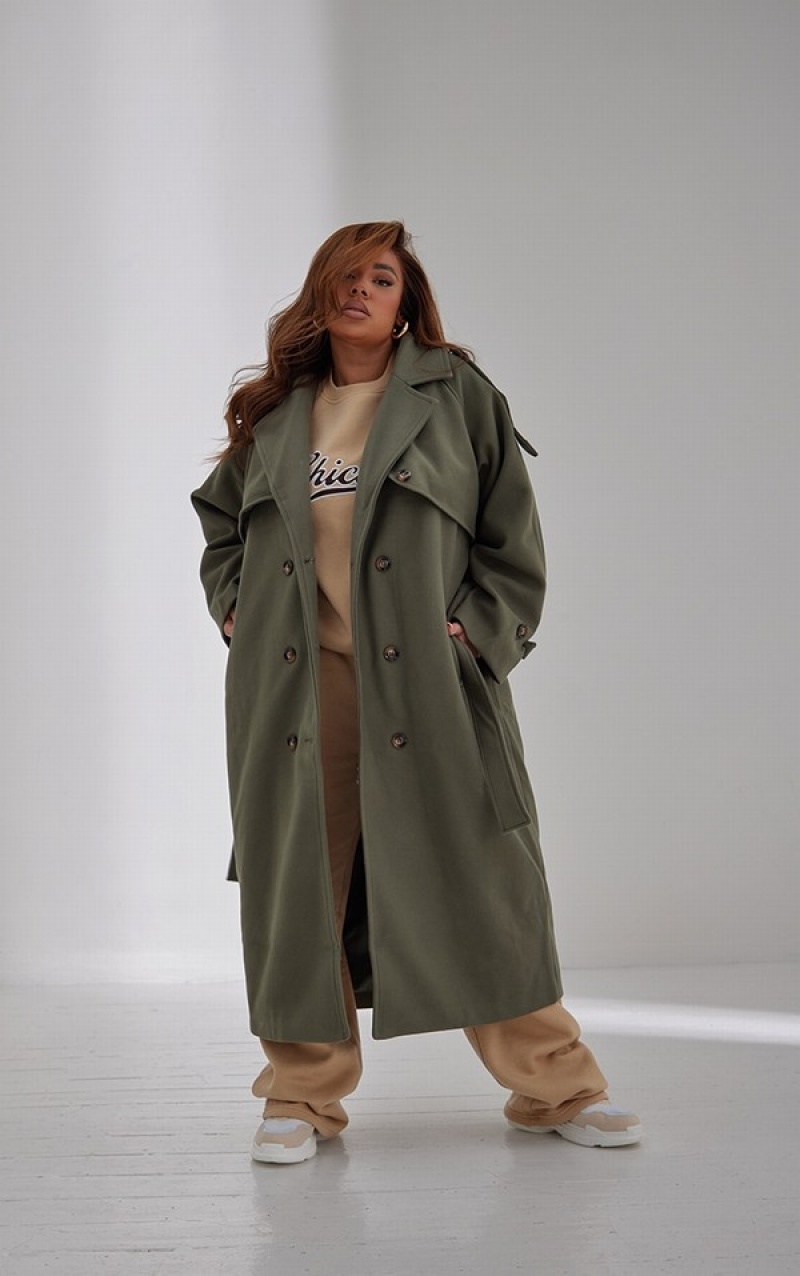 Khaki Pretty Little Thing Plus Oversized Double Breasted Military Trim Coats | SPBHMCX-62