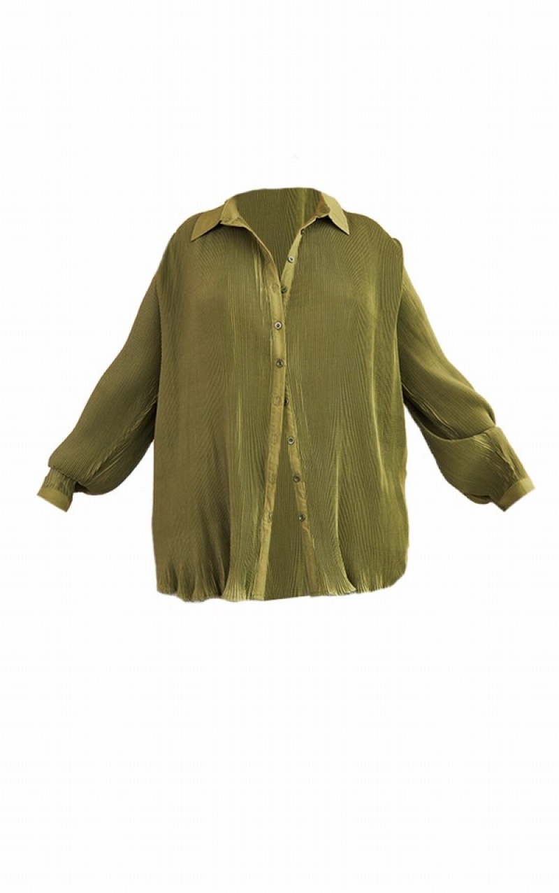 Khaki Pretty Little Thing Plus Plisse Button Front Oversized Shirts | JWRCFZY-94