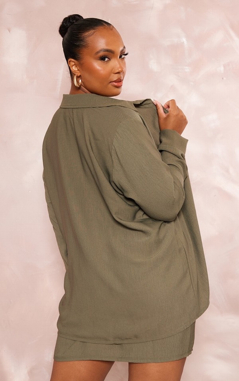 Khaki Pretty Little Thing Plus Sheer Woven Oversized Shirts | QFZHAWU-78