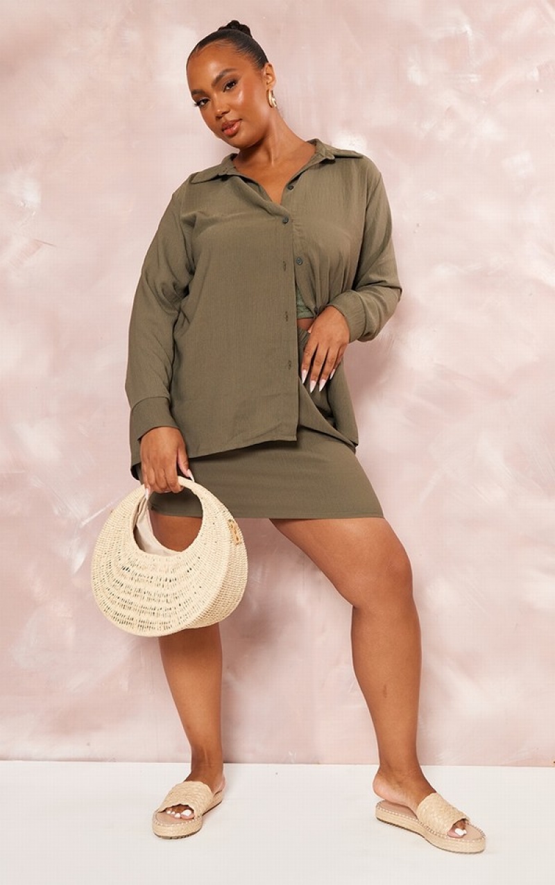 Khaki Pretty Little Thing Plus Sheer Woven Oversized Shirts | QFZHAWU-78