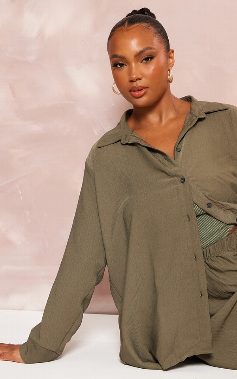 Khaki Pretty Little Thing Plus Sheer Woven Oversized Shirts | QFZHAWU-78