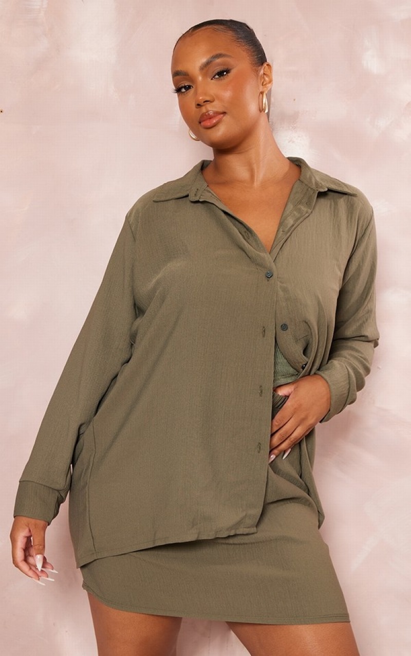 Khaki Pretty Little Thing Plus Sheer Woven Oversized Shirts | QFZHAWU-78