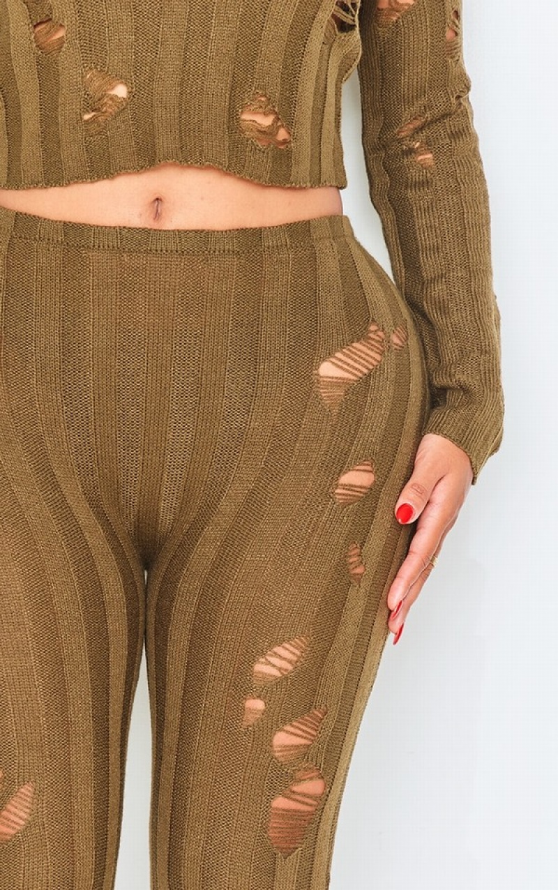 Khaki Pretty Little Thing Shape Distress Ribbed Knitted Leggings | PMDJVRG-39