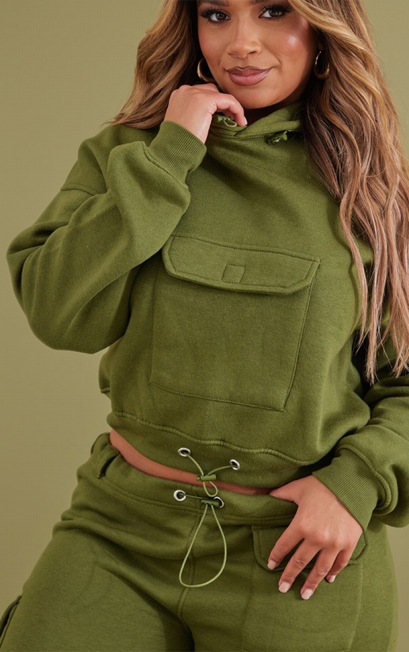 Khaki Pretty Little Thing Shape Toggle Pocket Detail Cropped Hoodie | WMBJXIG-08