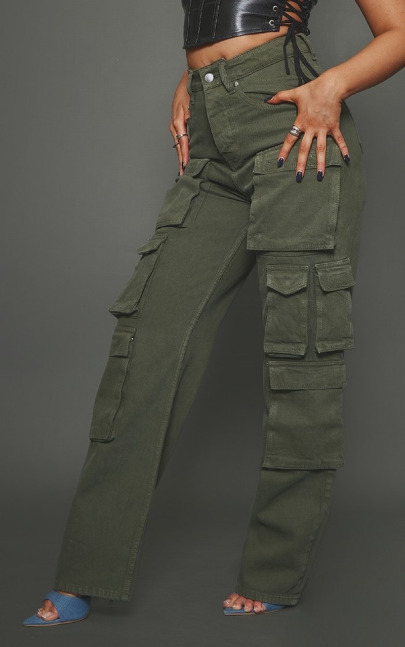 Khaki Pretty Little Thing Straight Leg Cargo Pocket Jeans | BUJVYGC-72