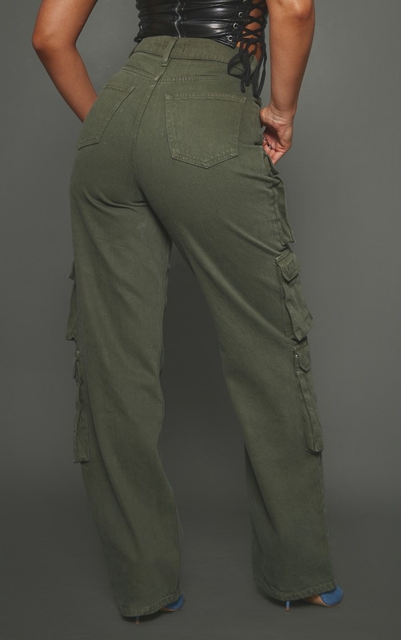 Khaki Pretty Little Thing Straight Leg Cargo Pocket Jeans | BUJVYGC-72