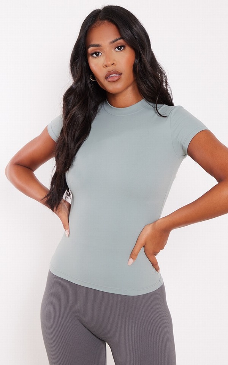 Khaki Pretty Little Thing Tall Dusty Contour Sculpt Sleeve T-shirts | JSRCAMH-38