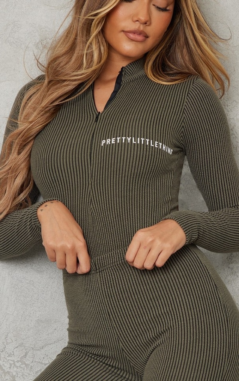 Khaki Pretty Little Thing Two Tone Crinkle Rib Half Zip Bodysuits | HPGXQWZ-42