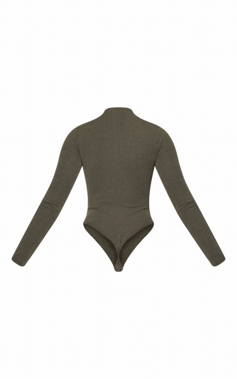 Khaki Pretty Little Thing Two Tone Crinkle Rib Half Zip Bodysuits | HPGXQWZ-42