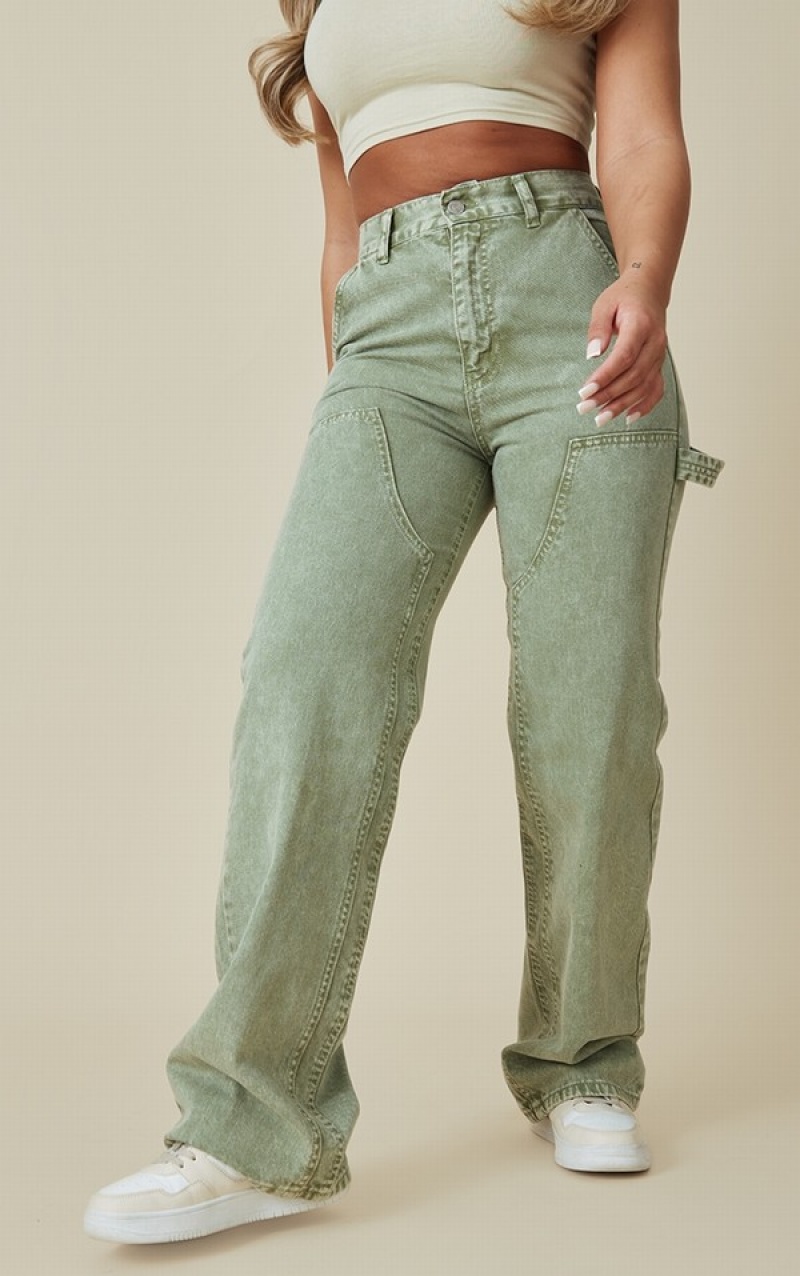 Khaki Pretty Little Thing Washed Seam Detail Panel Straight Leg Jeans | MXOWUYA-16