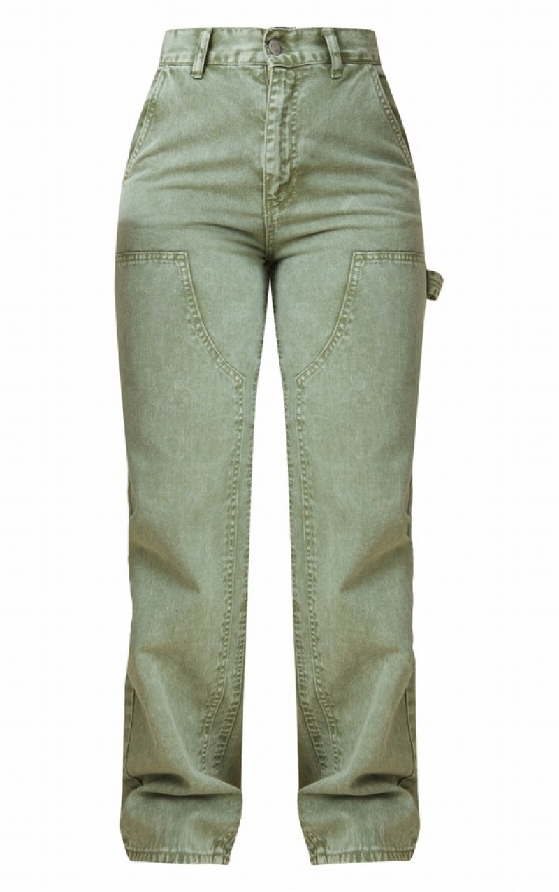 Khaki Pretty Little Thing Washed Seam Detail Panel Straight Leg Jeans | MXOWUYA-16