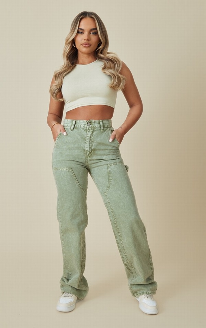 Khaki Pretty Little Thing Washed Seam Detail Panel Straight Leg Jeans | MXOWUYA-16