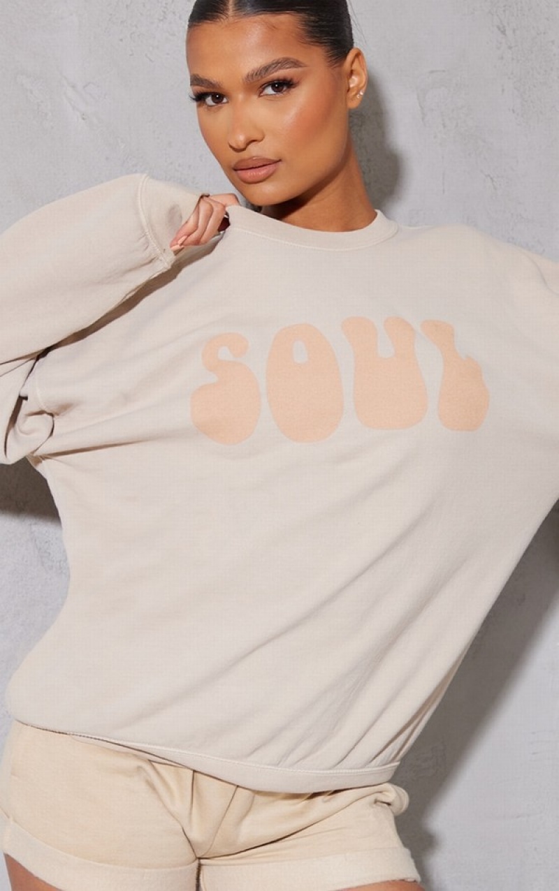 Khaki Pretty Little Thing Washed Soul Print Washed Sweatshirts | MDZUYIH-07