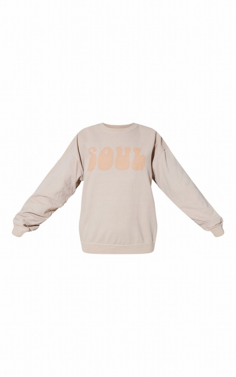 Khaki Pretty Little Thing Washed Soul Print Washed Sweatshirts | MDZUYIH-07