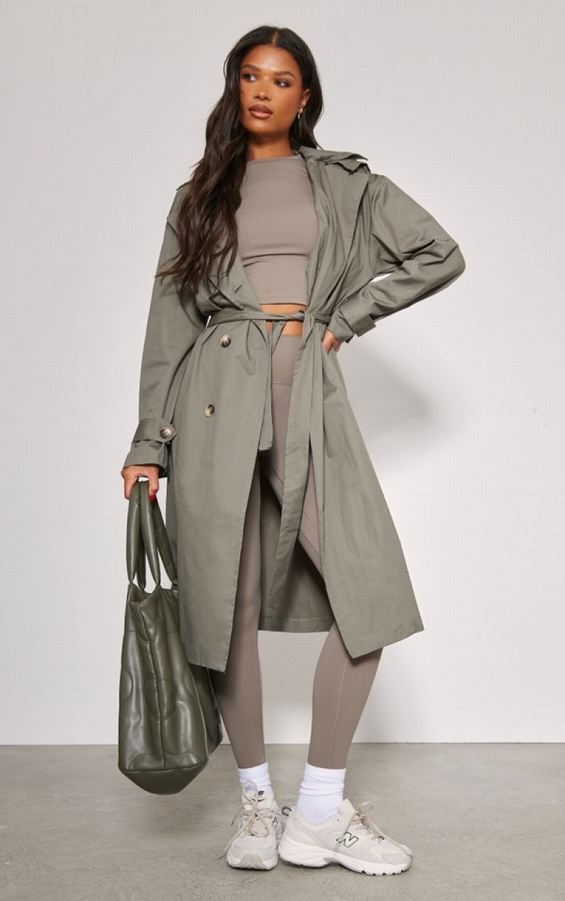 Khaki Pretty Little Thing Woven Hooded Trench Coats | UGWBZXL-18