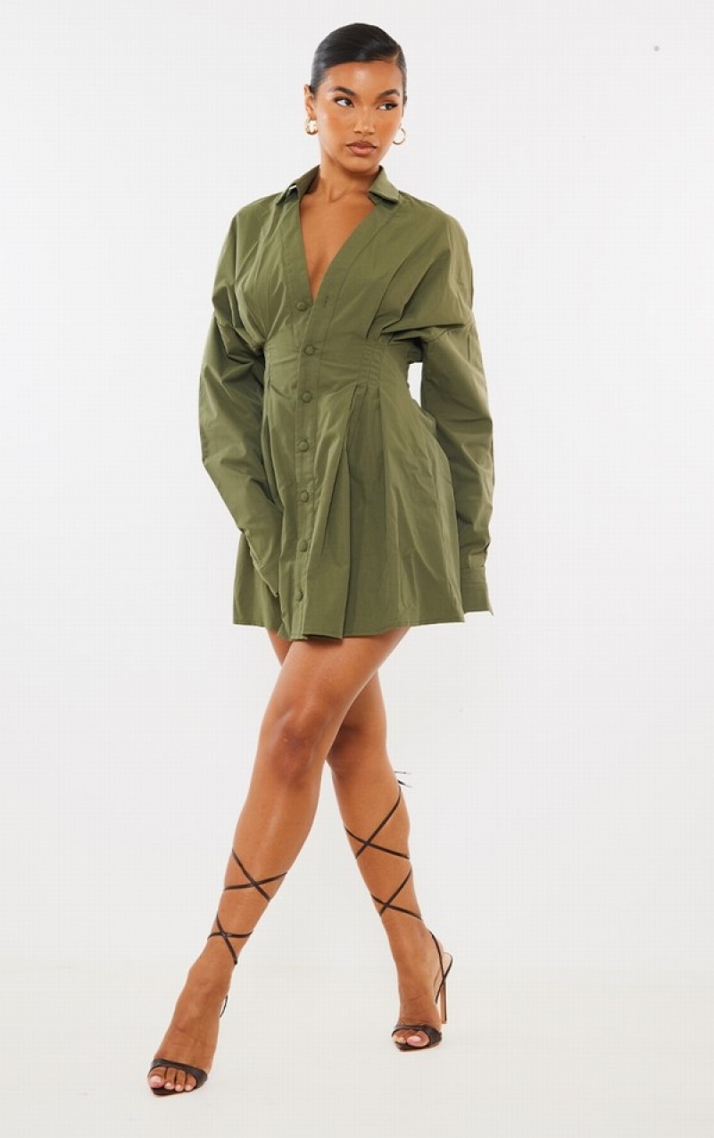 Khaki Pretty Little Thing Woven Pleated Waist Oversized Dresses | OKDMJGZ-70