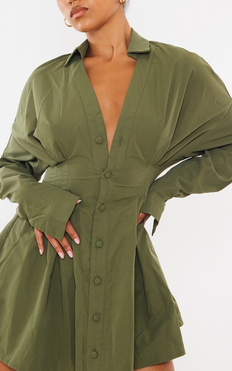 Khaki Pretty Little Thing Woven Pleated Waist Oversized Dresses | OKDMJGZ-70