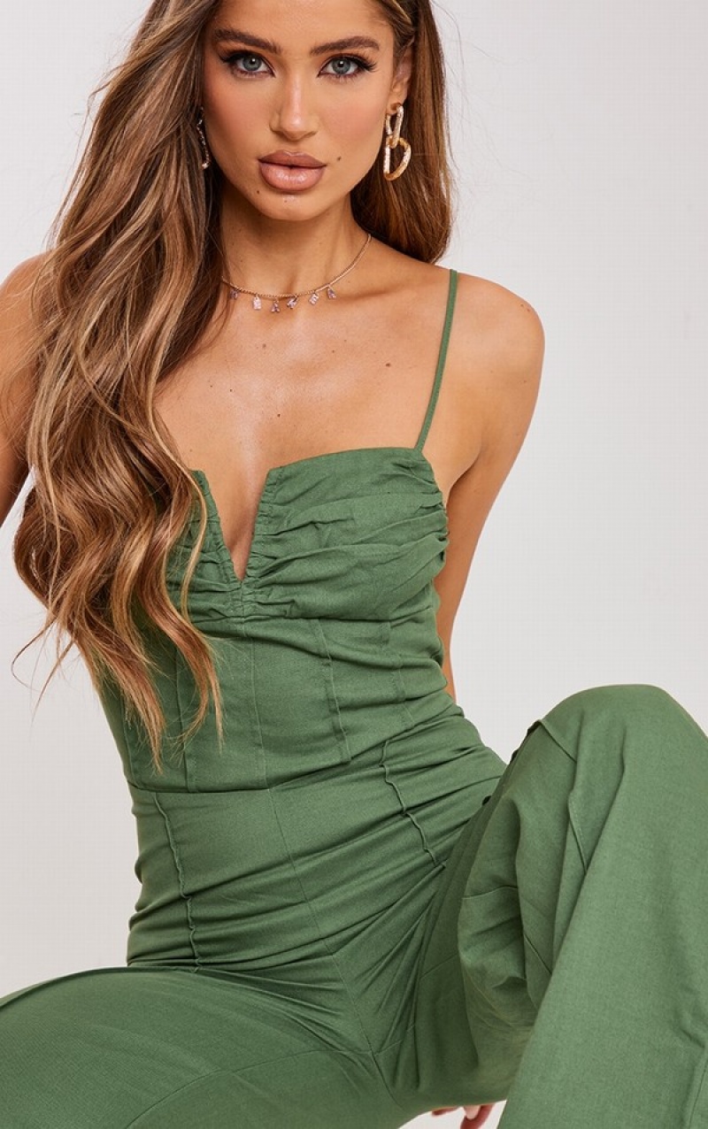 Khaki Pretty Little Thing Woven V Bar Corset Detail Wide Leg Jumpsuits | QDAORXB-03