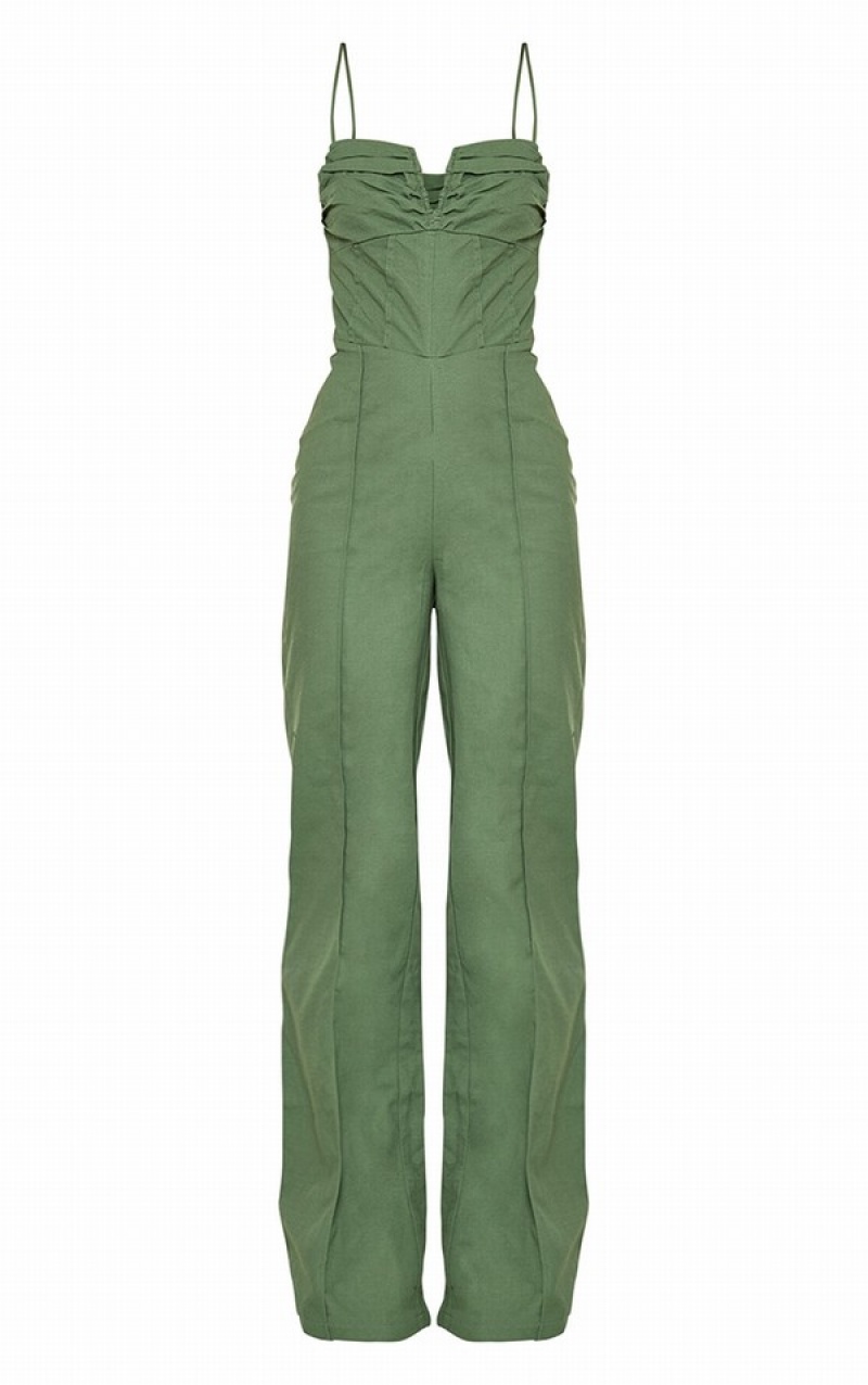 Khaki Pretty Little Thing Woven V Bar Corset Detail Wide Leg Jumpsuits | QDAORXB-03