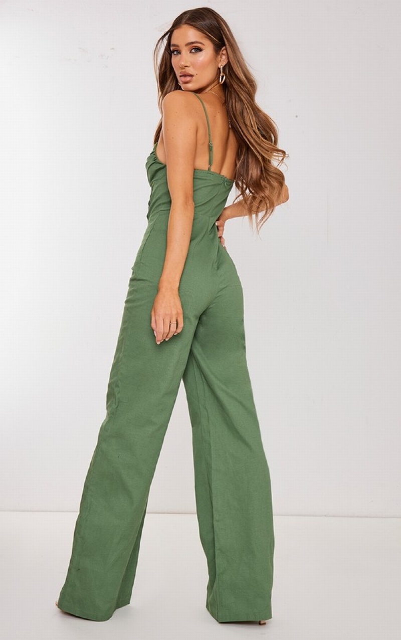 Khaki Pretty Little Thing Woven V Bar Corset Detail Wide Leg Jumpsuits | QDAORXB-03