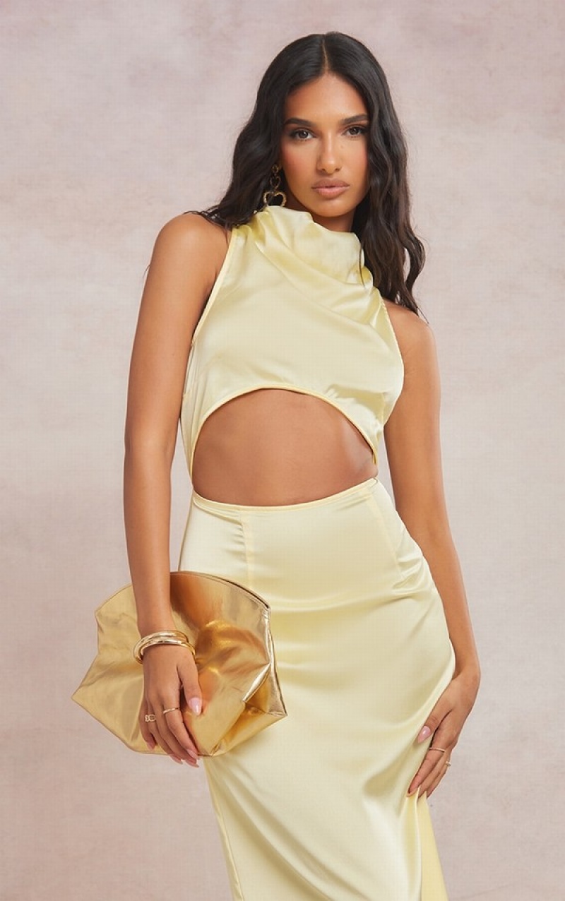 Lemon Pretty Little Thing Lemon Satin High Neck Cut Out Midaxi Dresses | IUMBKND-86