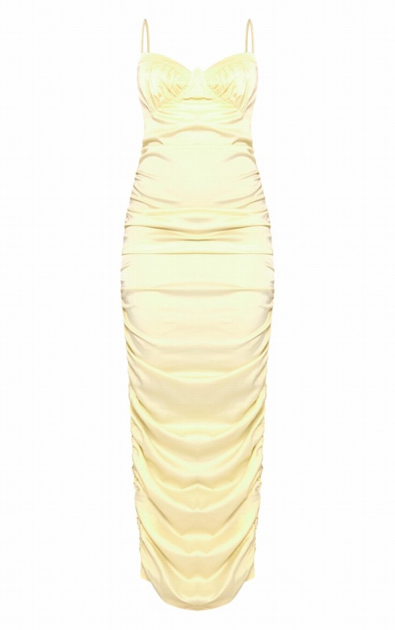 Lemon Pretty Little Thing Lemon TextuSatin Ruched Midaxi Dresses | XNKAZML-04