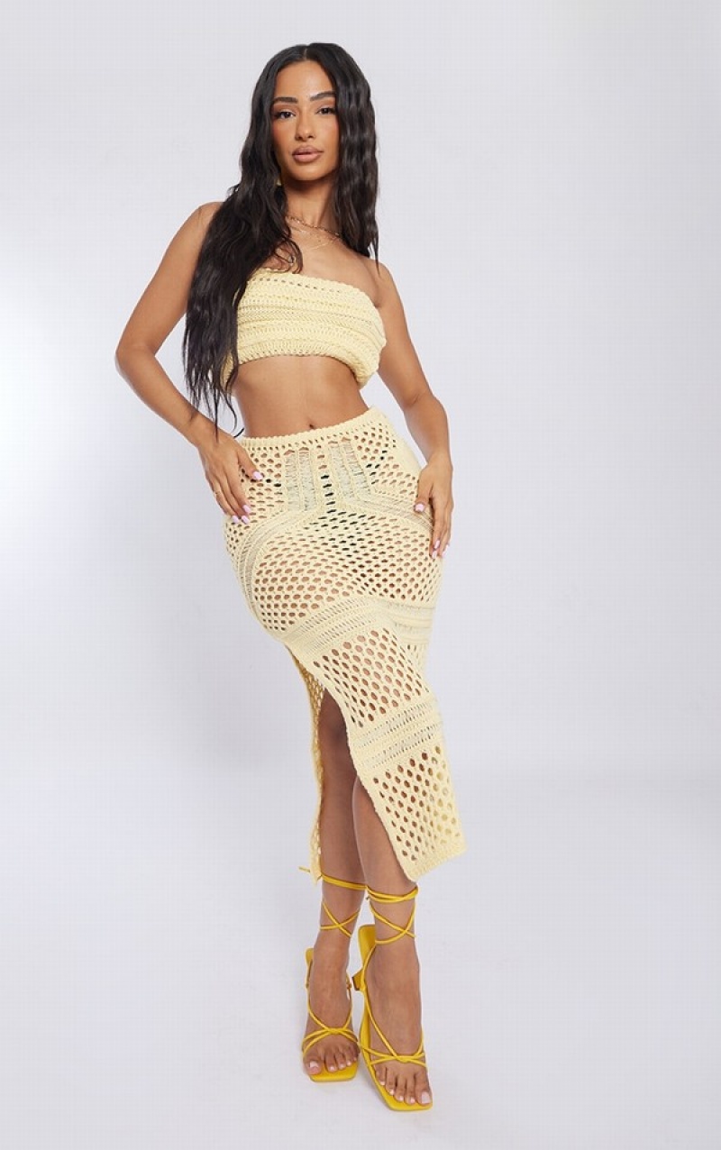 Lemon Pretty Little Thing Petite Lemon Crochet Knitted Midaxi Skirts | NEFTDJK-08