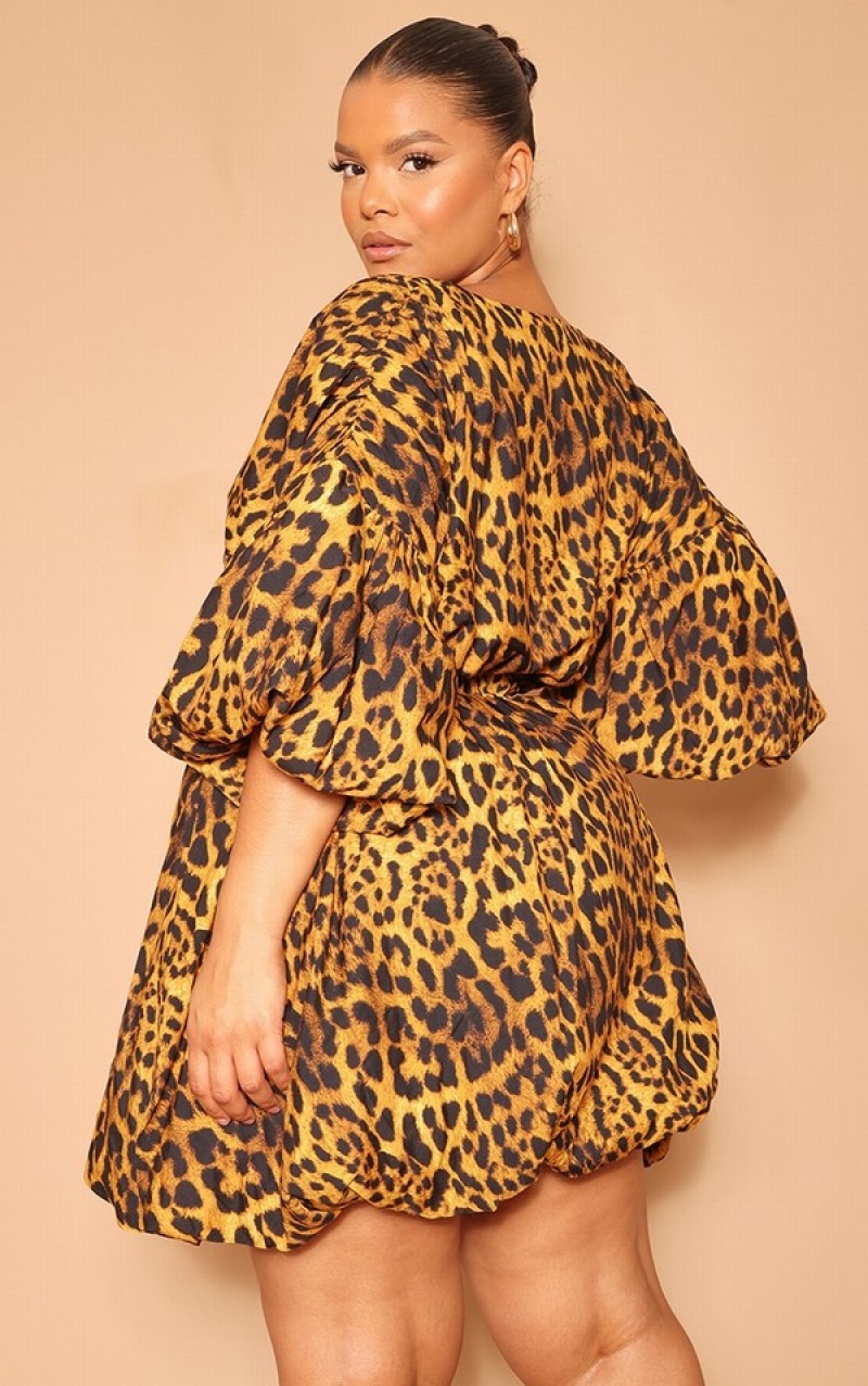 Leopard Pretty Little Thing Plus Leopard Puff Sleeve Puffball Hem Dresses | TASNKIX-21