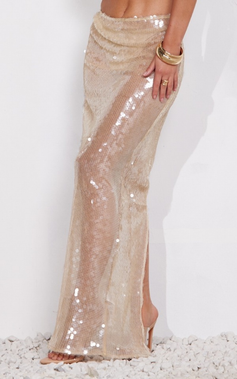 Light Beige Pretty Little Thing Nude Sheer Sequin High Waist Maxi Skirts | TAQBCNZ-01