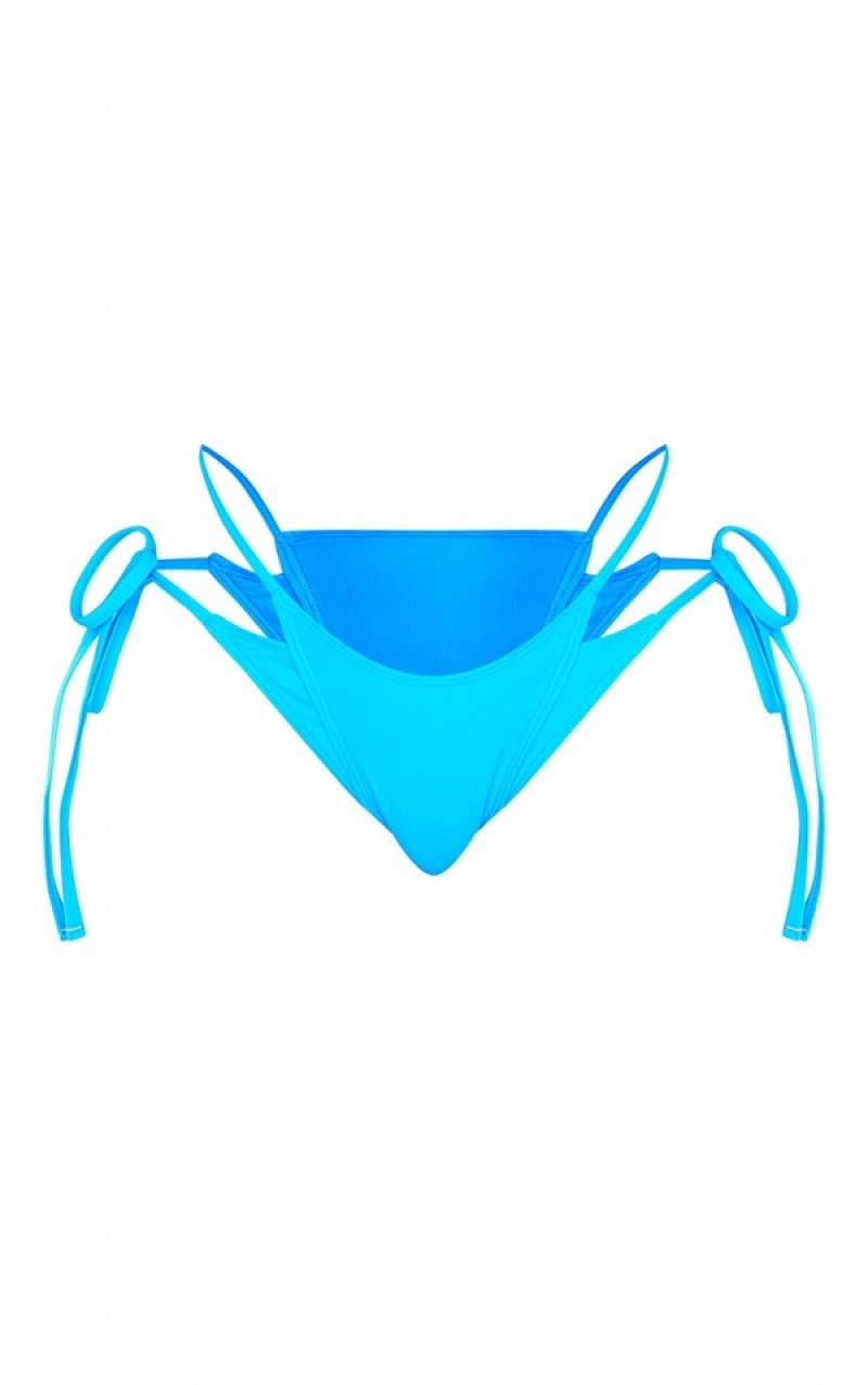 Light Blue Pretty Little Thing Bright Double Strap Tie Side Bikini Bottoms | JSGMUNL-05