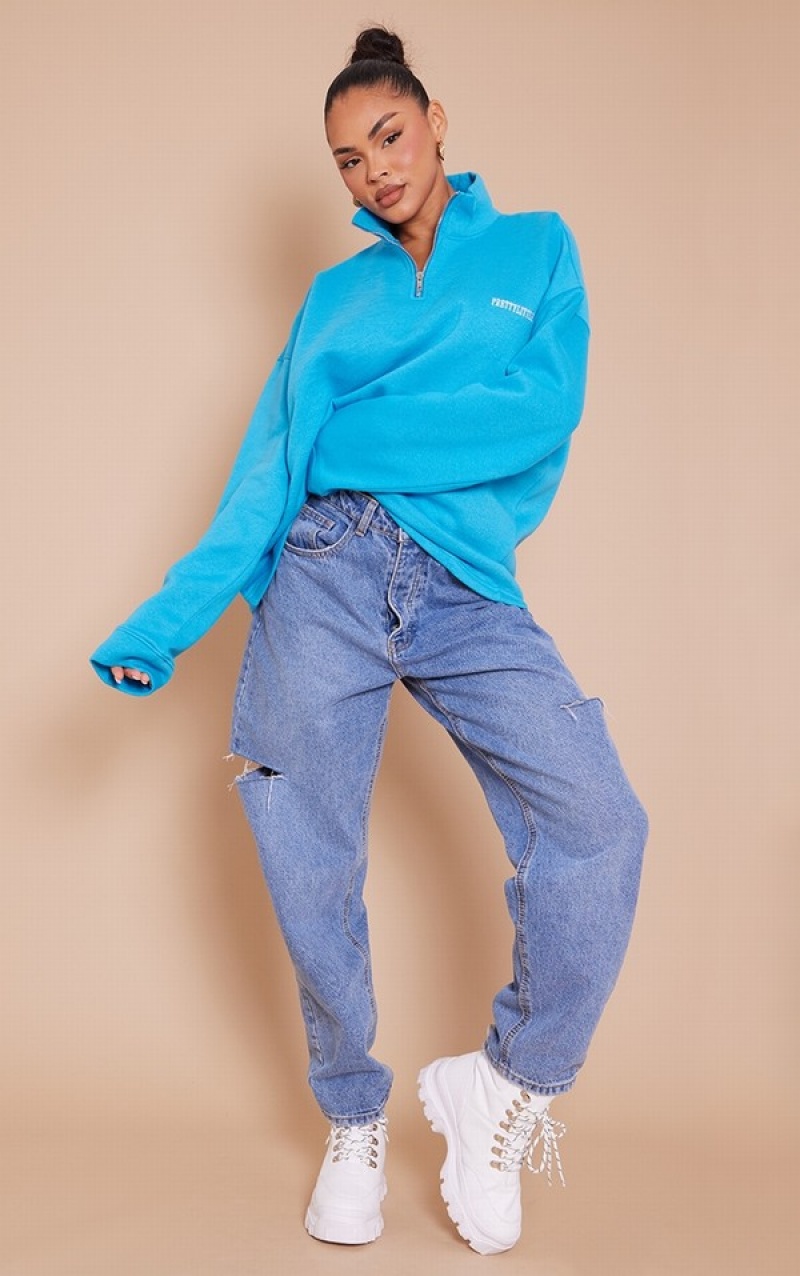 Light Blue Pretty Little Thing Bright Oversize Half Zip High Neck Sweatshirts | MQXWYGS-48