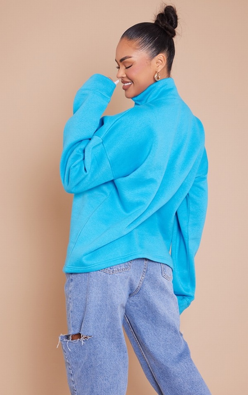 Light Blue Pretty Little Thing Bright Oversize Half Zip High Neck Sweatshirts | MQXWYGS-48