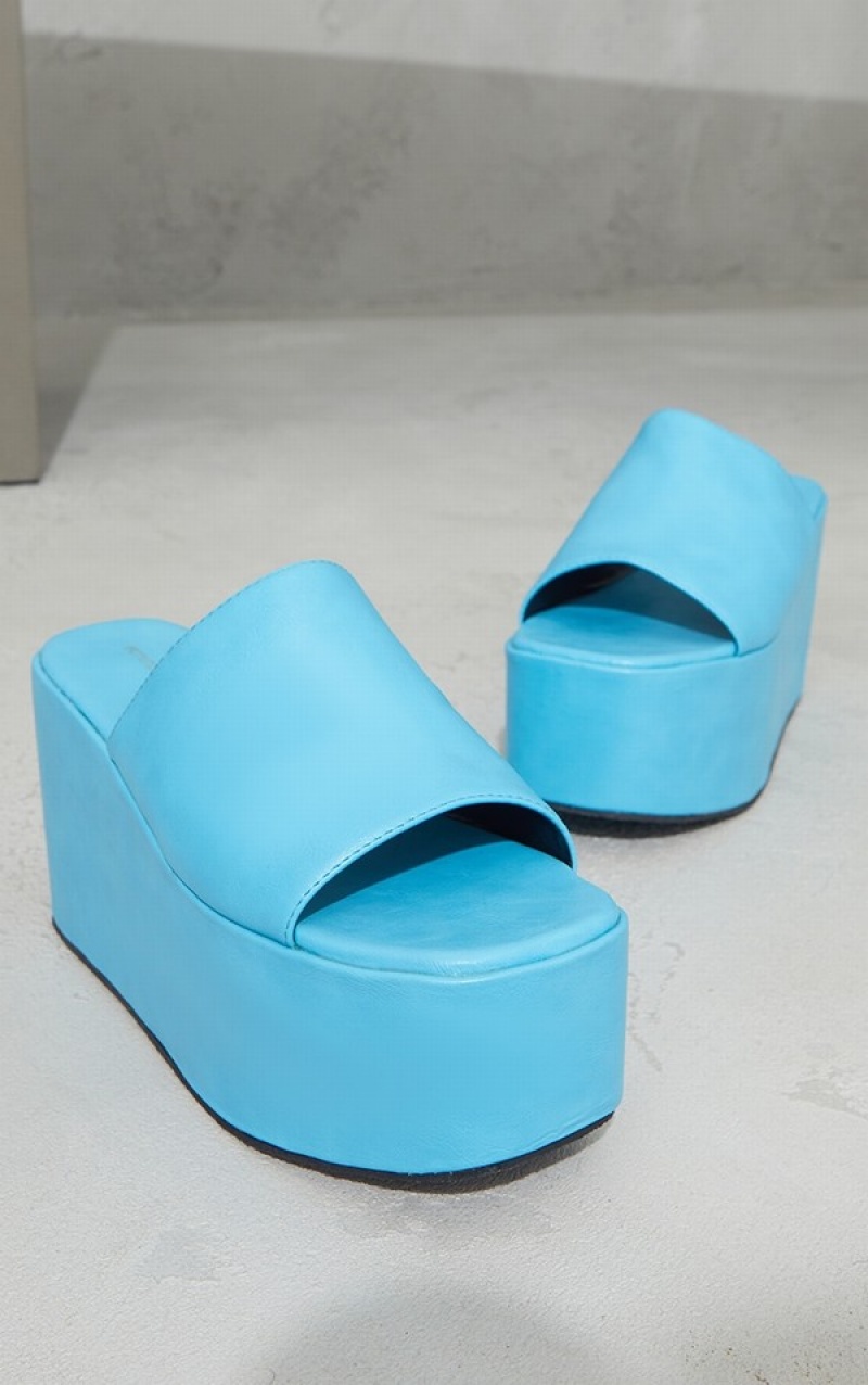 Light Blue Pretty Little Thing Bright PU Square Toe Platforms Heels | REBXNKC-60