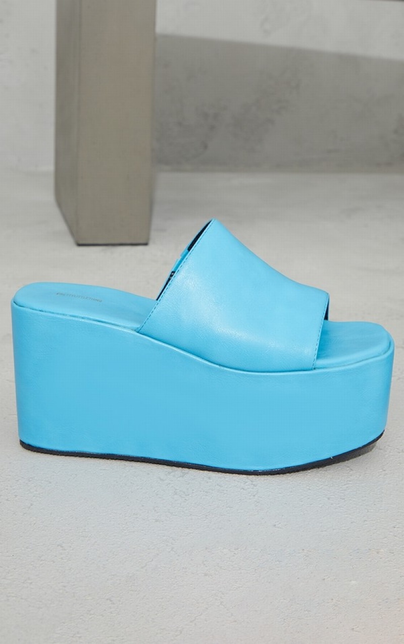 Light Blue Pretty Little Thing Bright PU Square Toe Platforms Heels | REBXNKC-60