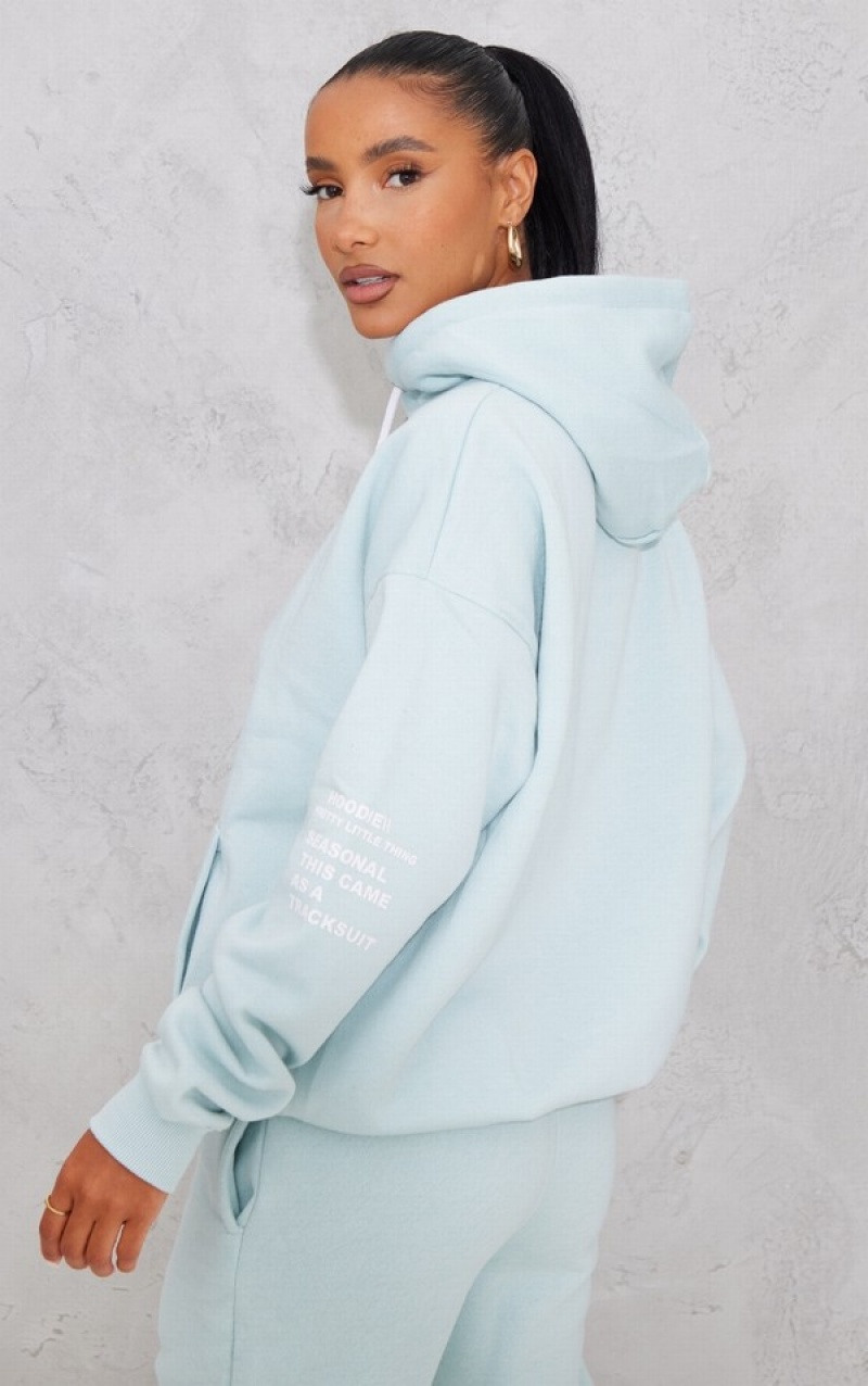 Light Blue Pretty Little Thing Oversized Graphic Printed Pocket Front Hoodie | TQYMPAB-26