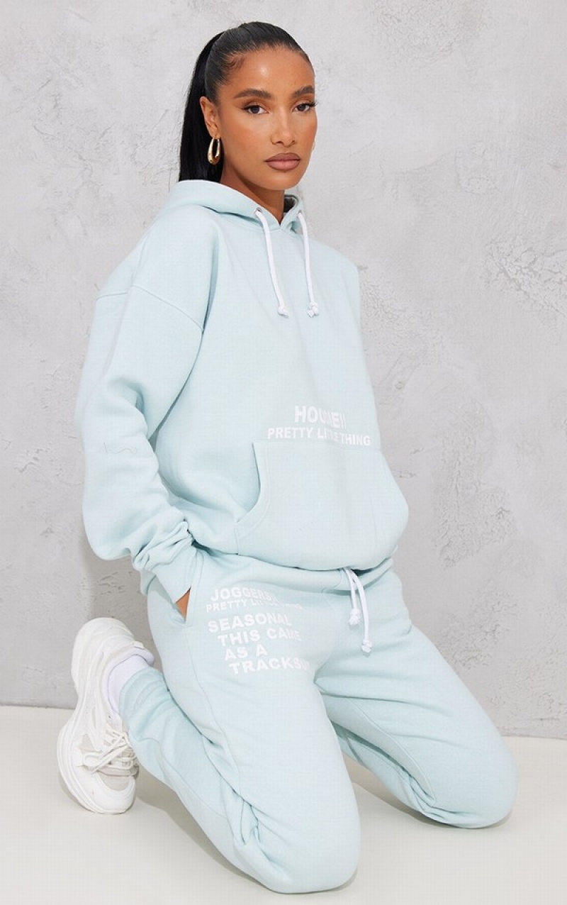 Light Blue Pretty Little Thing Oversized Graphic Printed Pocket Front Hoodie | TQYMPAB-26