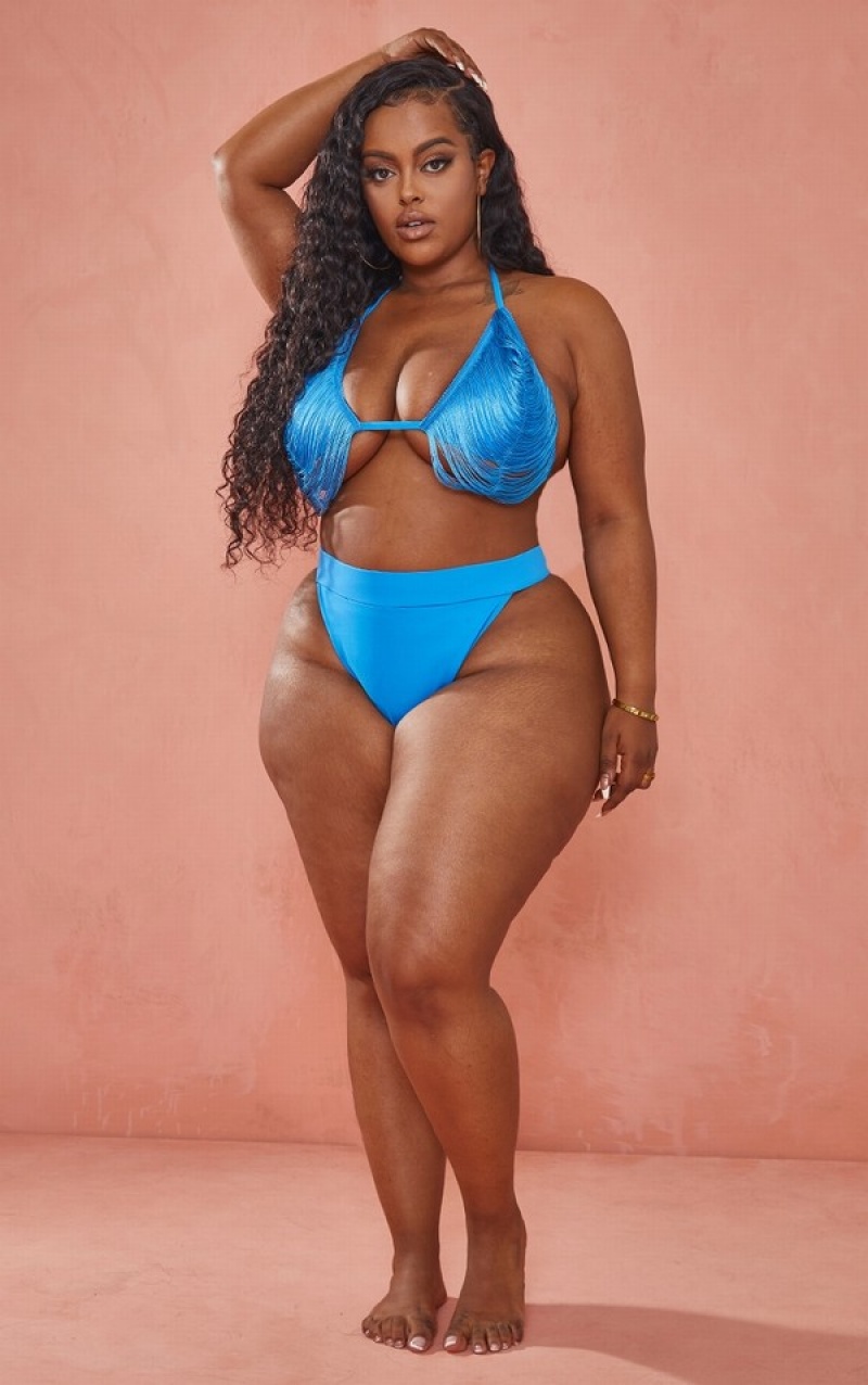 Light Blue Pretty Little Thing Plus Bright Fringed Triangle Bikini Tops | IKVFNZH-71