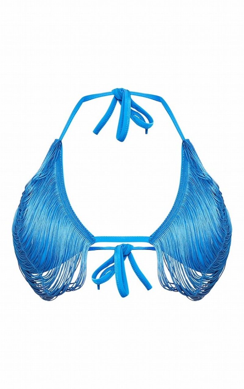 Light Blue Pretty Little Thing Plus Bright Fringed Triangle Bikini Tops | IKVFNZH-71