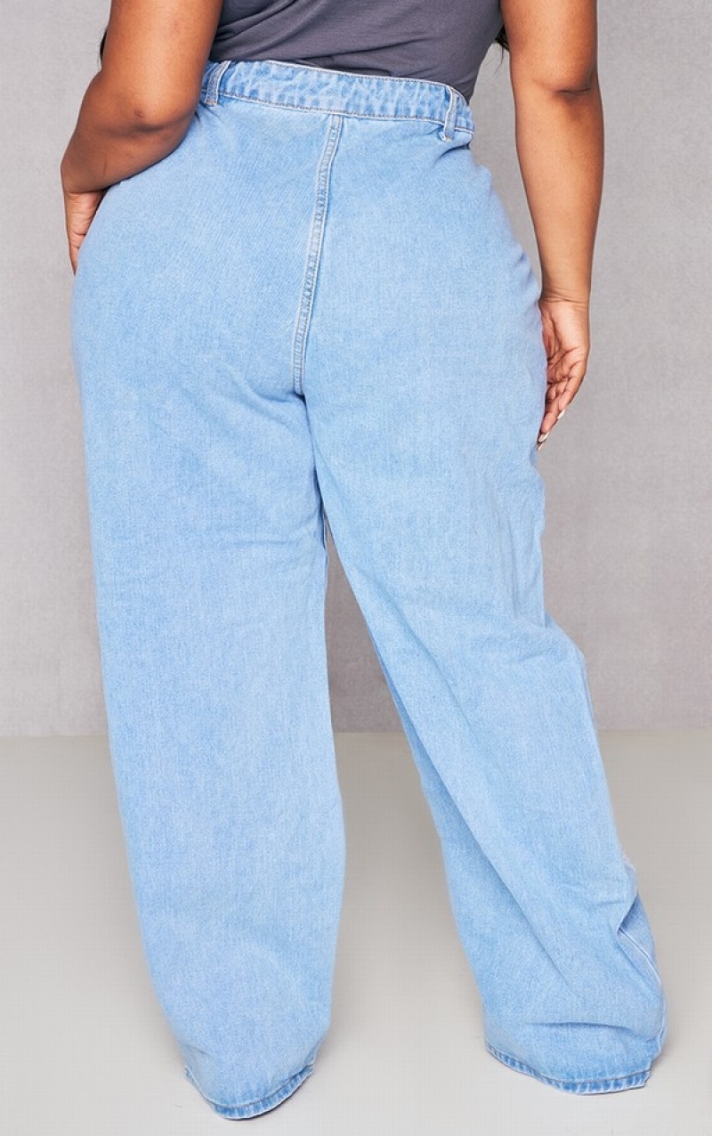 Light Blue Pretty Little Thing Plus Distressed Wide Leg Jeans | WMAXCBD-65