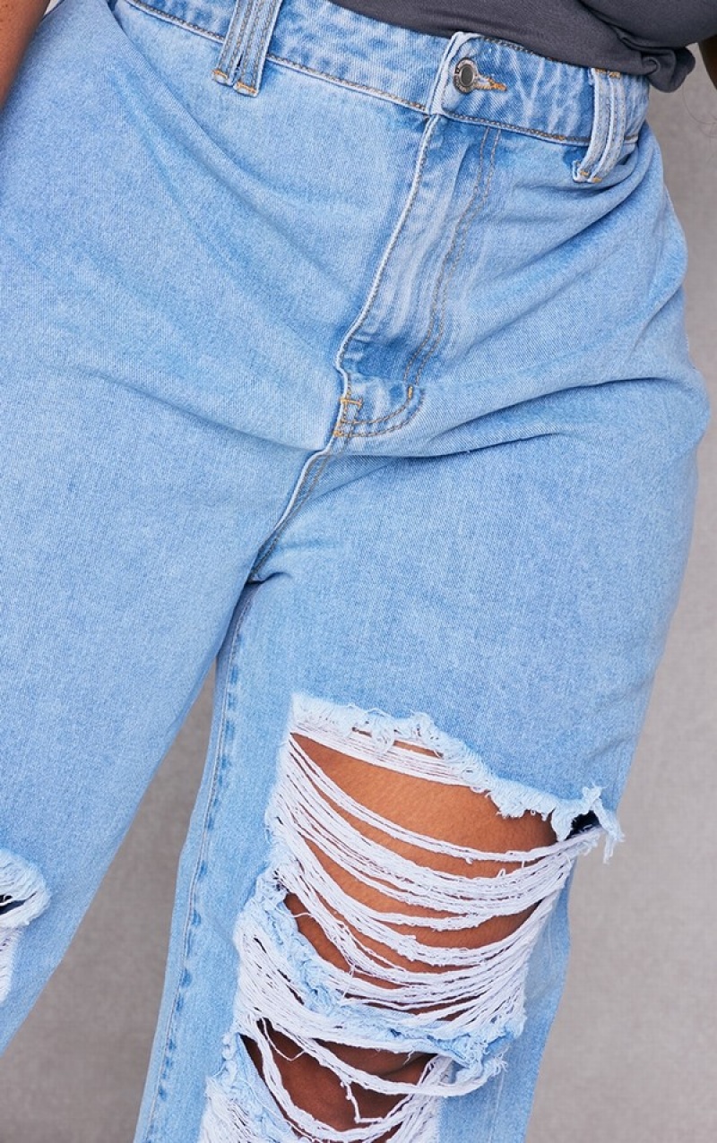 Light Blue Pretty Little Thing Plus Distressed Wide Leg Jeans | WMAXCBD-65